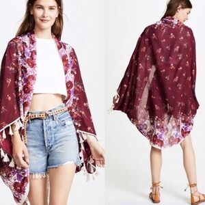 Free People Bali Wrapped in Blooms Red Kimono Top Shawl Fringe Tassels